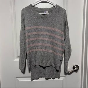 Alya Grey Pink Striped Knit High-Low Cut Long Sleeve Soft Winter Sweater